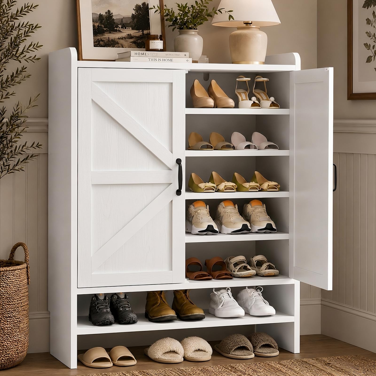 Shoe Cabinet with 2 Barn Doors, 5-Tier Modern Shoe Storage Cabinet, White