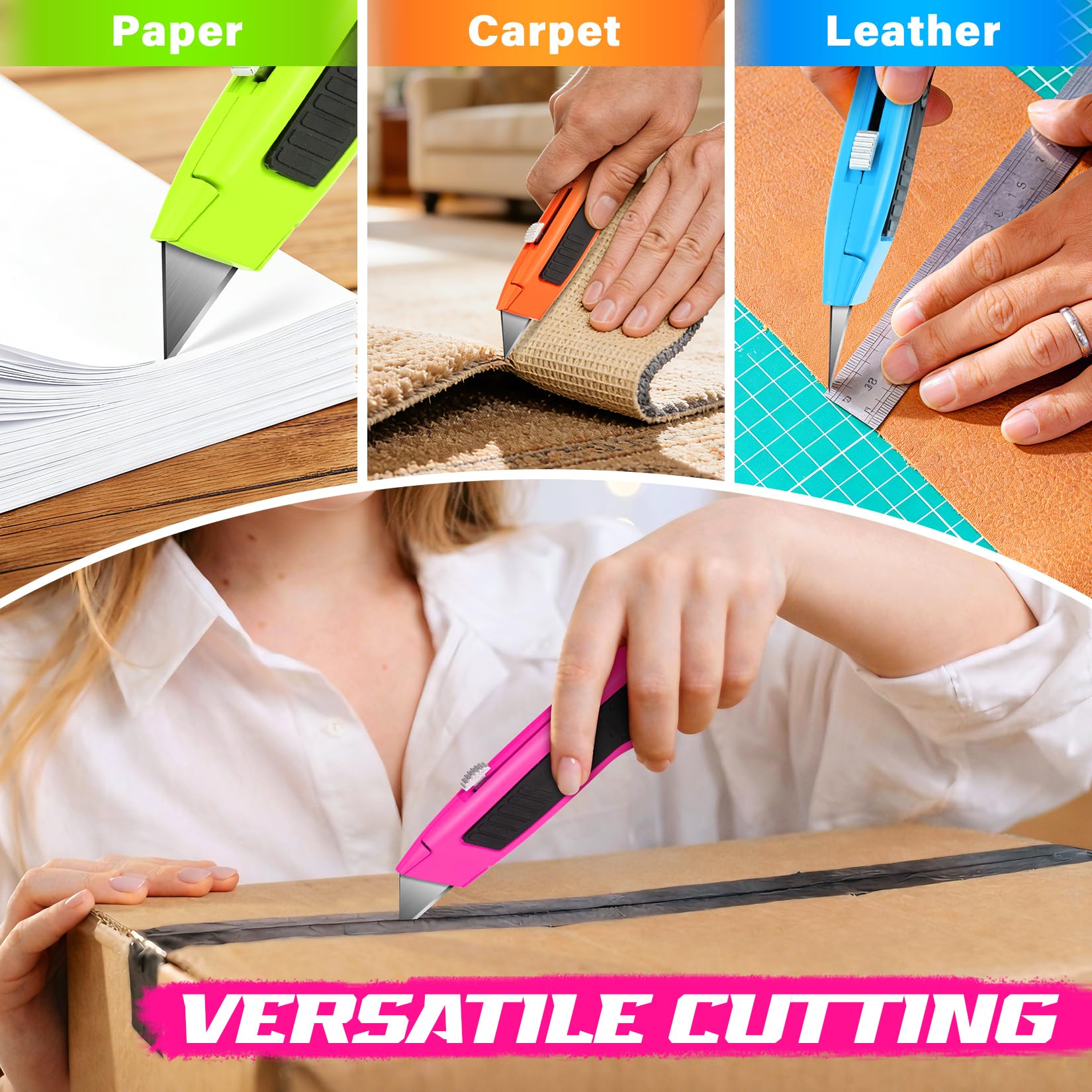 Confezione da 4 taglierini retrattili, in lega di zinco resistente, per cartone, scatole e cartoni, vinile, moquette, pelle, apriscatole per casa e ufficio, 10 lame extra