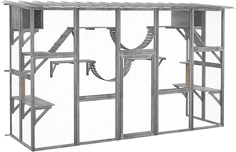 PawHut Catio Playground Cat Window Box Outside Enclosure, Outdoor Cat House with Weather Protection Roof for Multiple Kitties, Wooden Frame, Shelves & Bridges, 118″ x 37.5″ x 74″, Gray