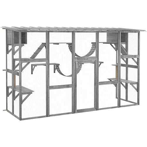 PawHut Catio Outdoor Cat Enclosure Window, Outdoor Cat House with Weather Protection Roof for Multiple Kitties, Wooden Frame, Shelves & Bridges, 118" x 37.5" x 74", Gray