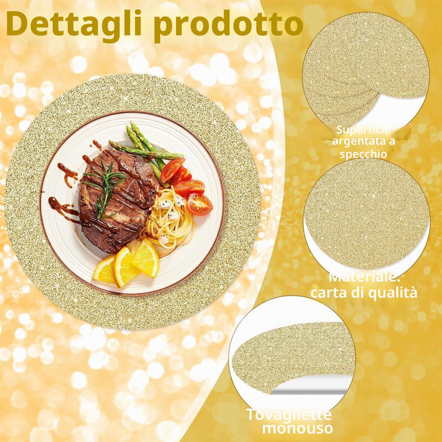 50 tovagliette di carta oro rotonde scintillante oro, tovagliette usa e getta rotonde, 35 cm, decorative per tavolo da pranzo, feste, compleanno, Matrimonio