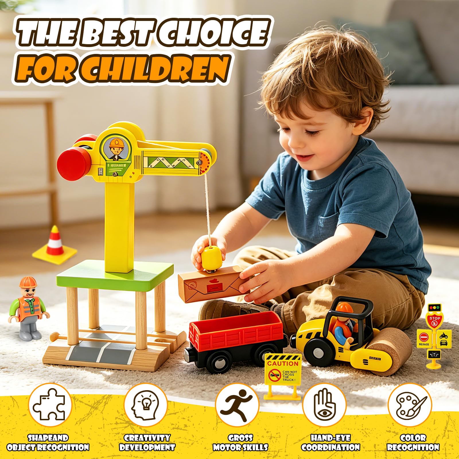 Joellfuner Veicoli Da Cantiere Giocattolo in Legno, Bambini Set di Costruzioni Giocattolo con Gru a Torre, Escavatore, Rullo Compressore, Carro Attrezzi, Veicoli da Costruzione Regalo 2 3 4 5 Anni