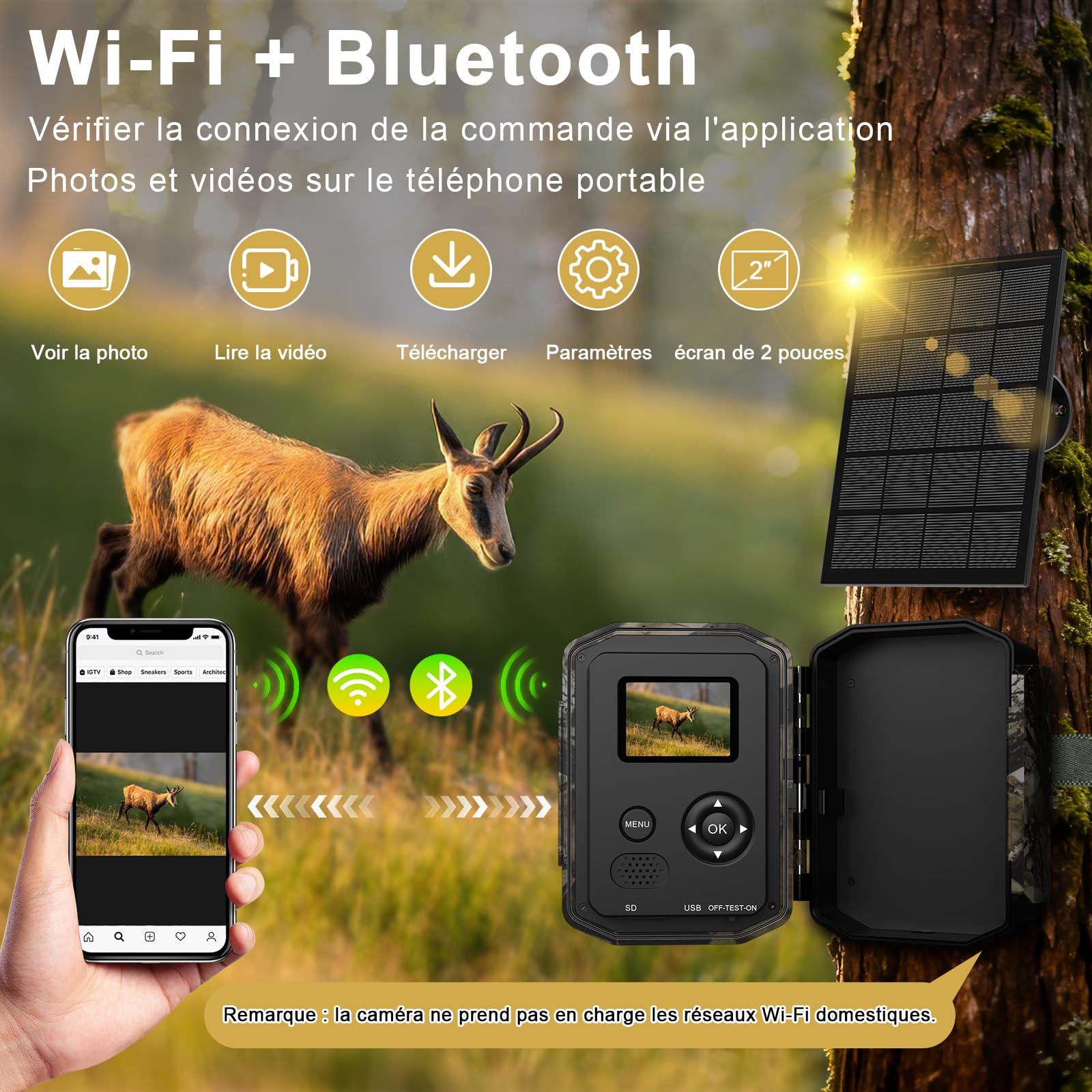 Caméra de Chasse Solaire 5K/64MP WiFi Rechargeable 10000mAh | Vision Nocturne Infrarouge, Grand Angle 120°, Étanche IP66, Carte 32GB Incluse Batterie Rechargeable