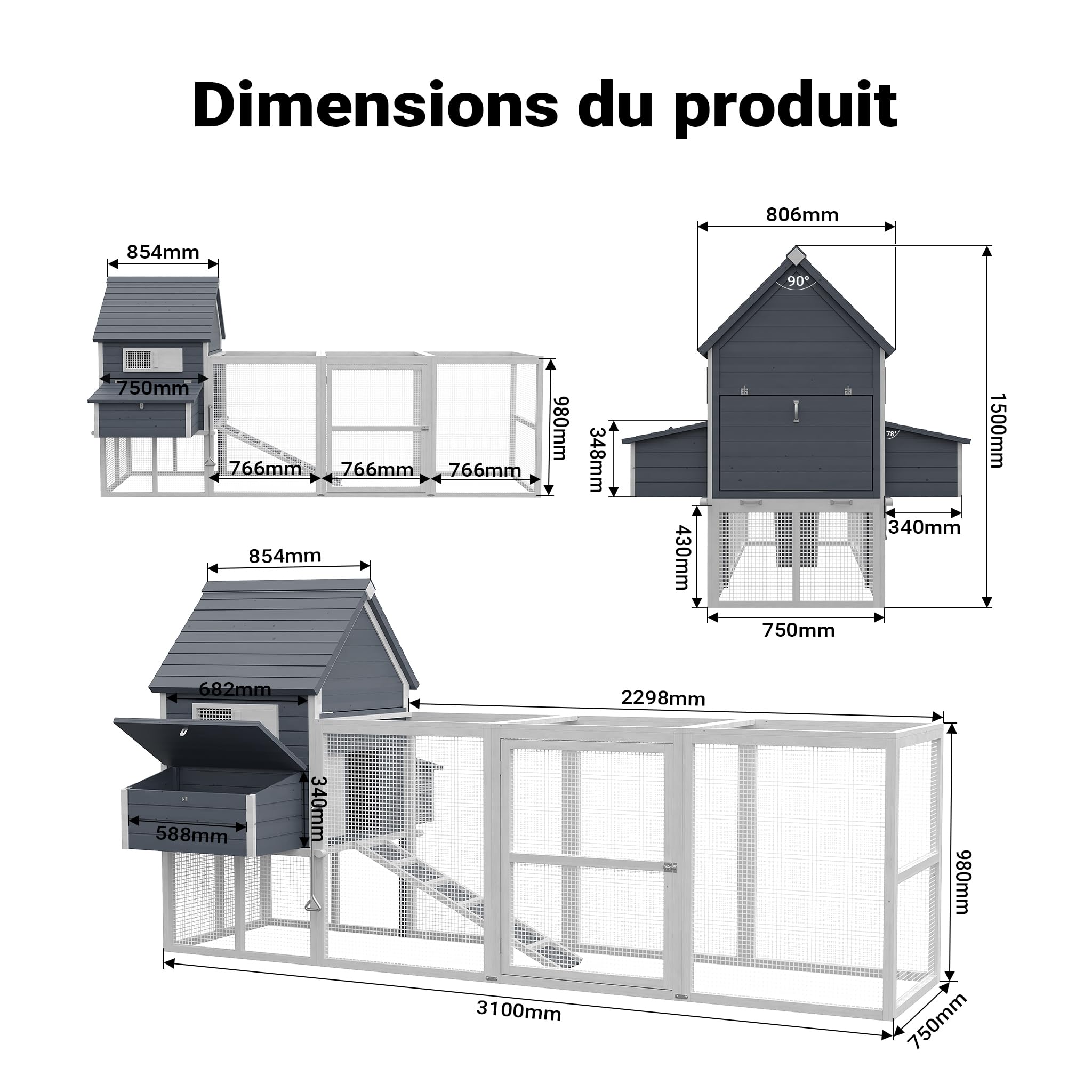 Wiltec Poulailler avec Nichoir & Enclos – 3100 x 1500 x 1500 mm – en Bois – avec Bac à crottes Amovible – Cage Maison pour Petits Animaux, Poules, volaille Clapier Basse-Cour