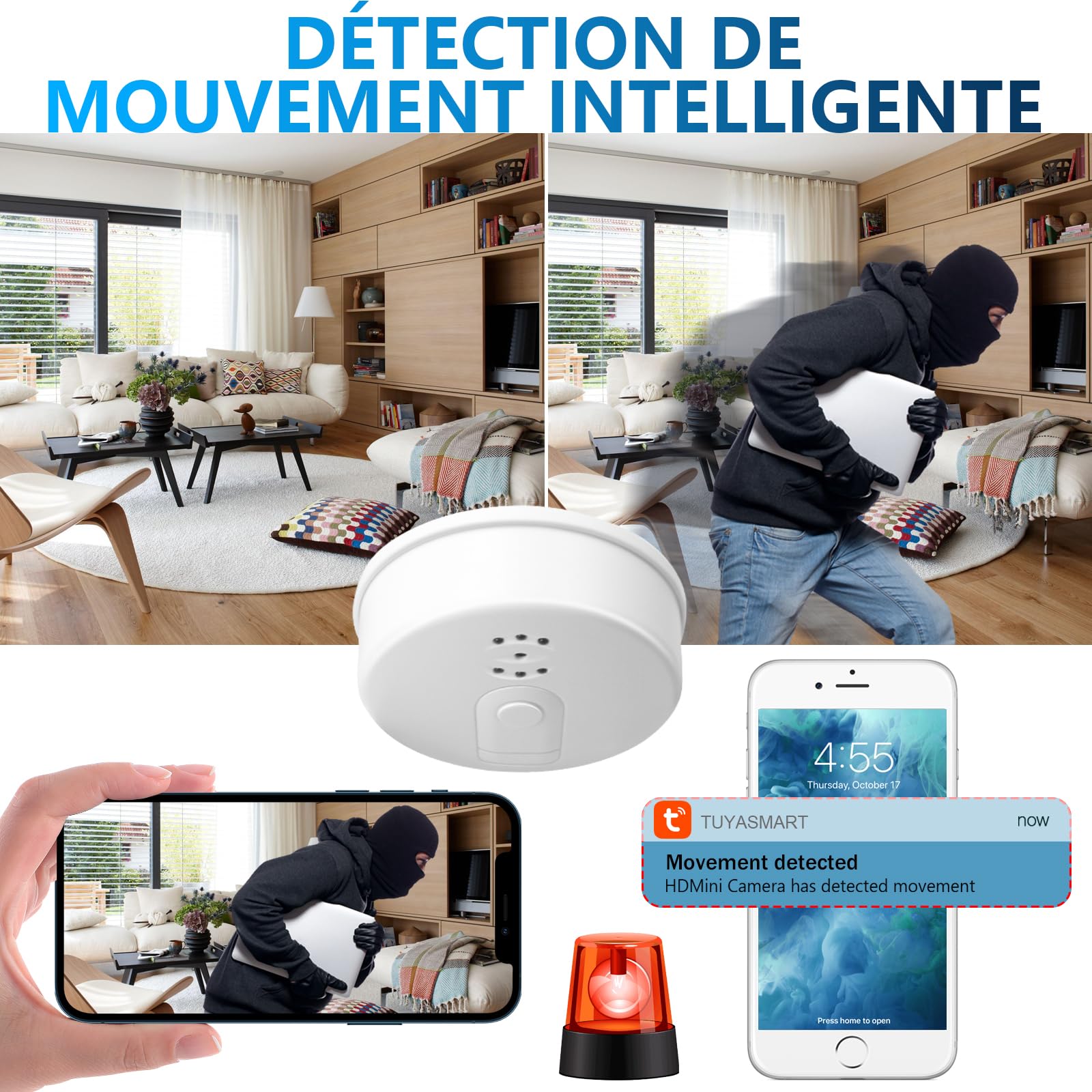 Caméra Cachée Wi-Fi 5G avec Détecteur de Fumée, Minicaméra Espion HD 1080P Vision Nocturne Détection Mouvement