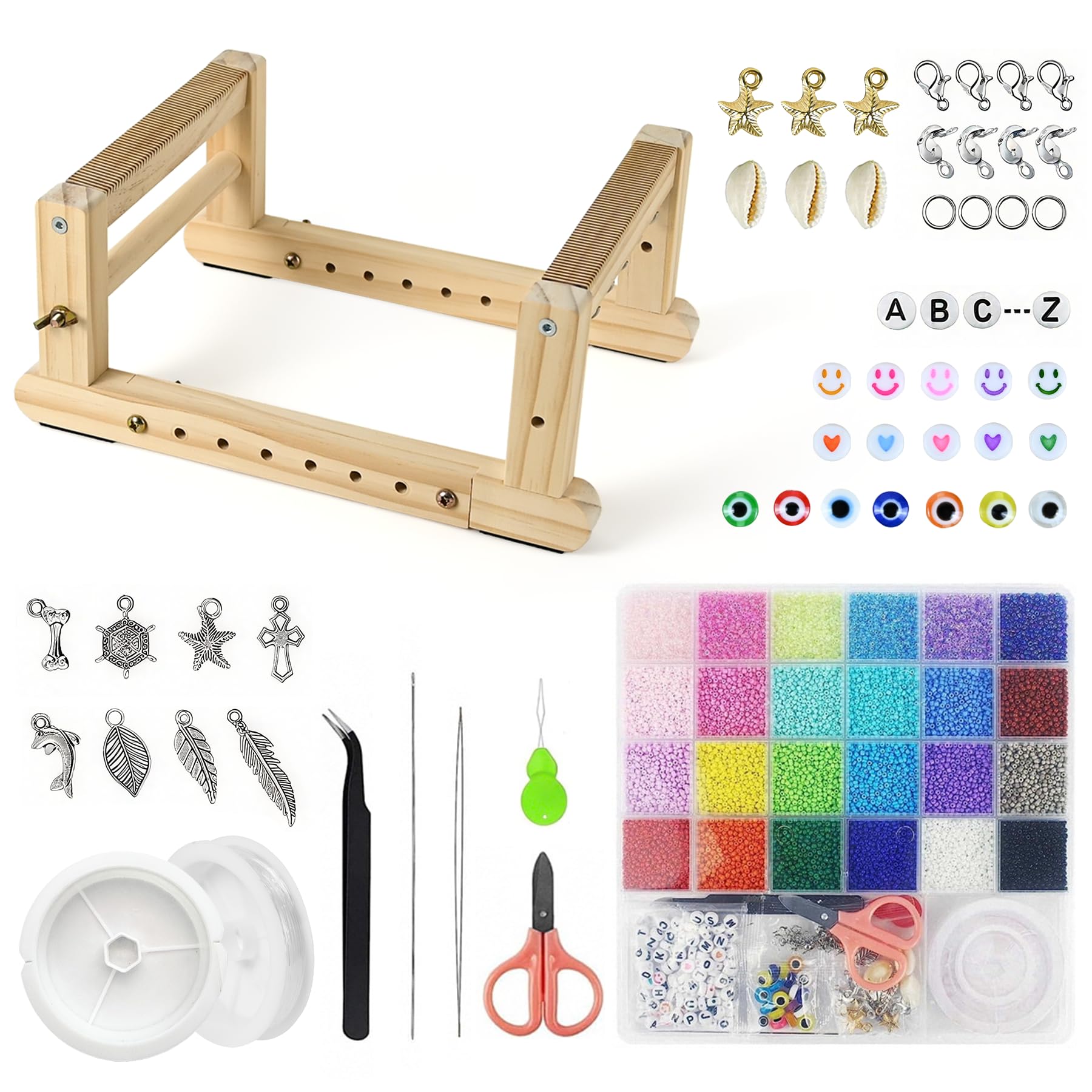 Whemyreat Einstellbar perlenwebrahmen set,Perlwebrahmen aus Holz zum Perlenfädeln,Webrahmen mit bunten Perlen für Kinder ab 6 Jahre,inkl.Weave,Ketten,Armbänder und mehr
