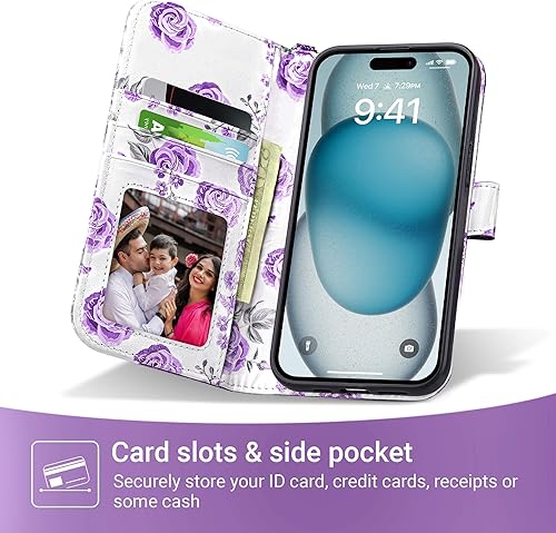 Miniatura 2 de ULAK Funda de piel sintética de alta calidad compatible con iPhone 15 con tarjetero y función atril para iPhone 15 2023 de 6.1 pulgadas, color morado