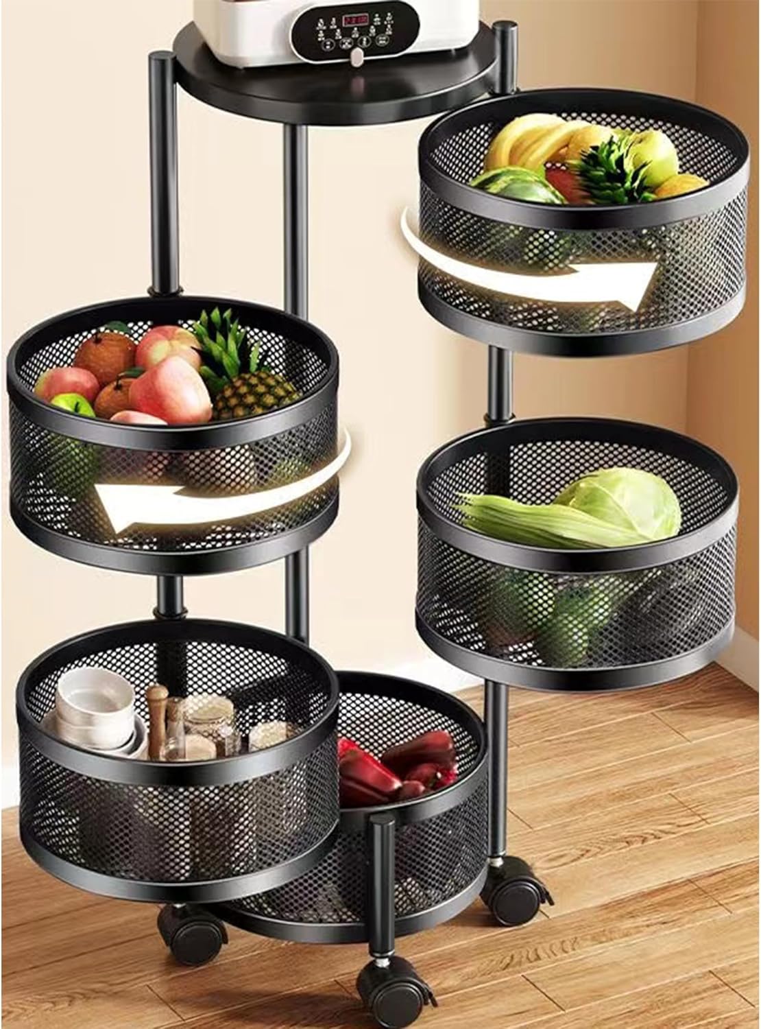 Rotating Storage Shelves Rack for Kitchen vegetable Storage Organizer Fruit Basket floor stand Shelf fruit tower Potato Onion (Black Rotating Circle 5-Tier)
