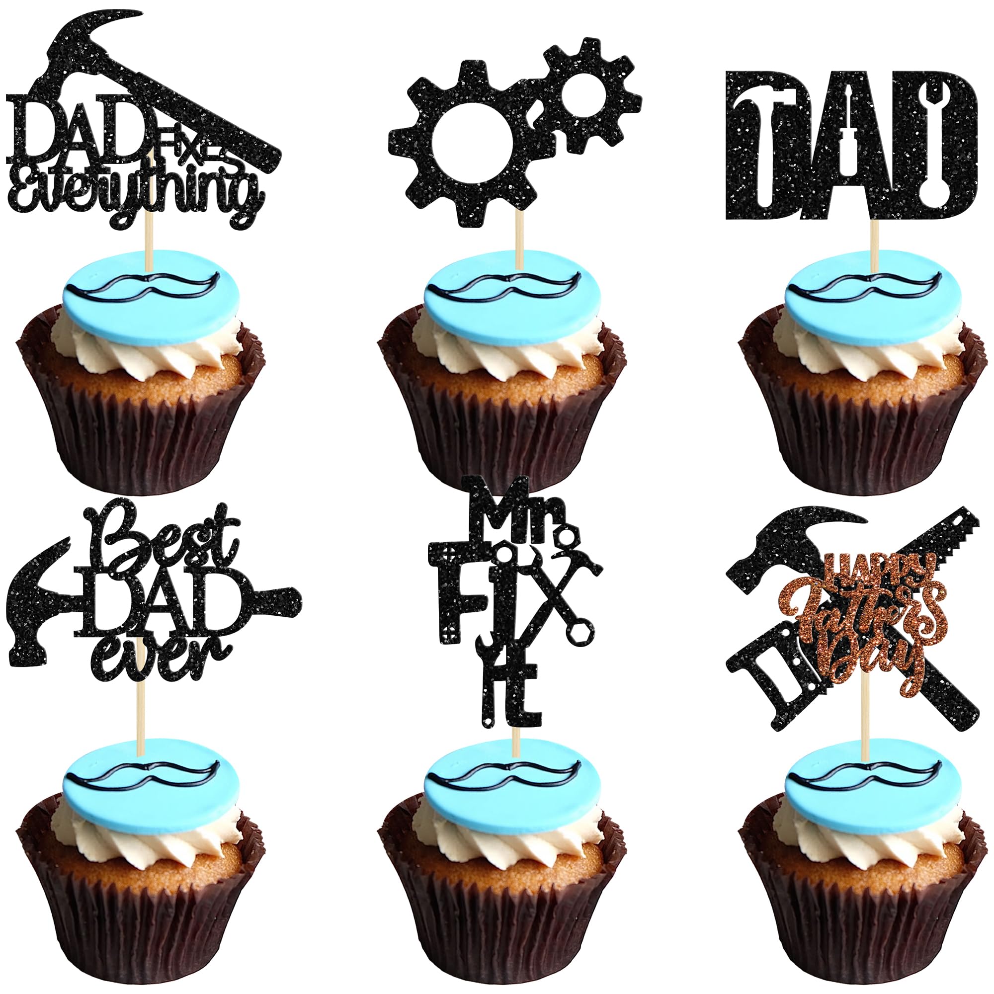 24Pcs Happy Father's Day Cupcake Toppers with Tool Construction Black Glitter Dad Fix Everything Best Dad Ever Cupcake Pick Decorations for Happy Father's Day Theme Party Cake Decorations Supplies โ image 1