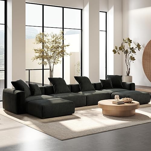 Modular Sectional Sofa, 181" U Shaped Cloud Couch, Oversized 6 Seater Sectional Couches for Living Room, Extra Deep Corduroy Couch with 2 Ottomans, Washable Sofa Covers, Black