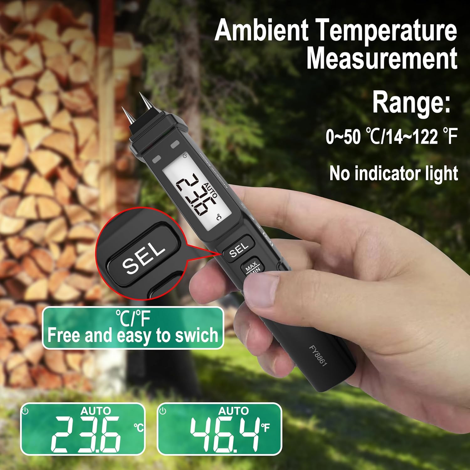 Mastfuyi FY8861 prikazuje temperaturu okoline u Celzijusima i Fahrenheitima