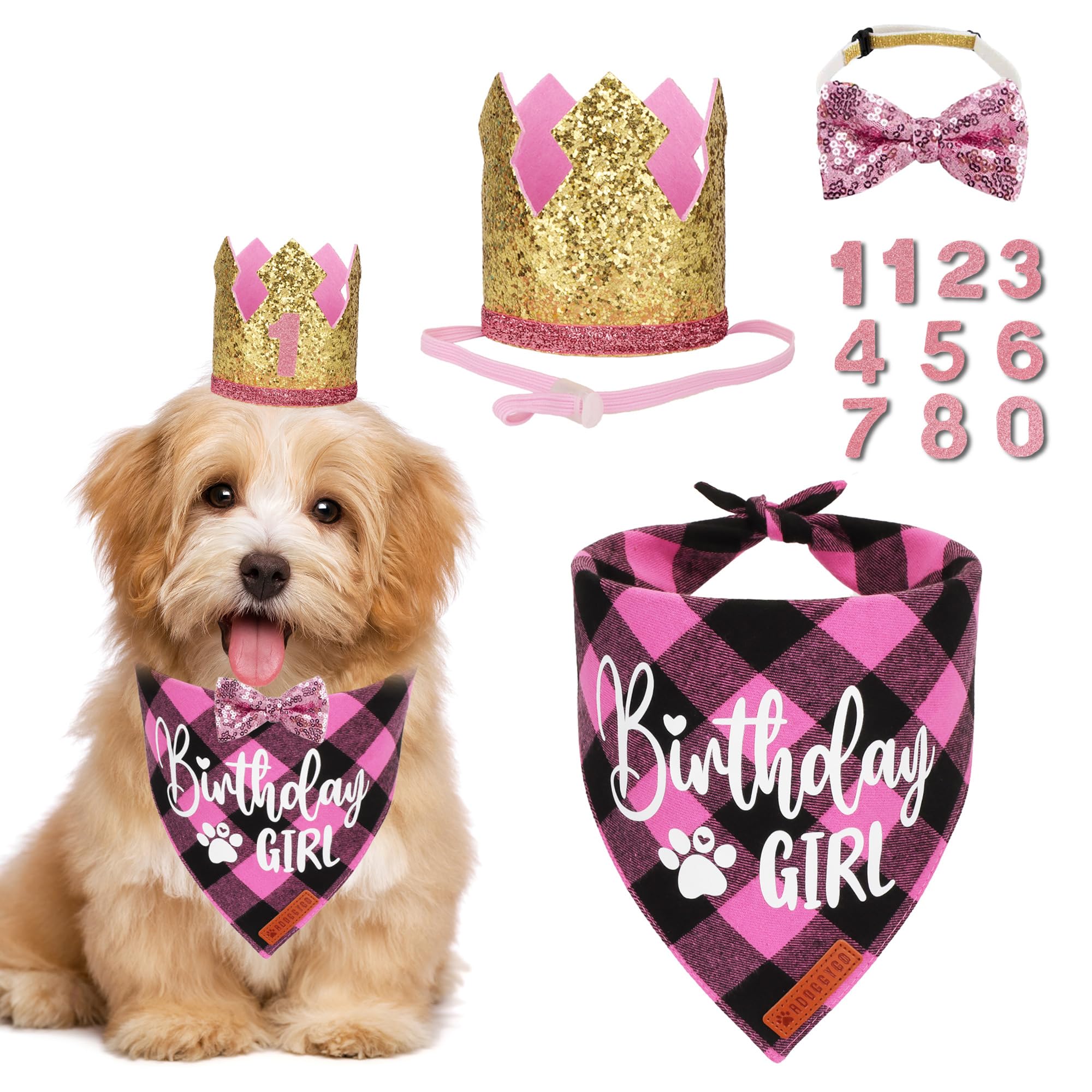 ADOGGYGO Dog Birthday Party Supplies, Pink Plaid Birthday Girl Dog Bandana, Golden Puppy Party Hat with Numbers, Bowtie for Small Puppies (Small)