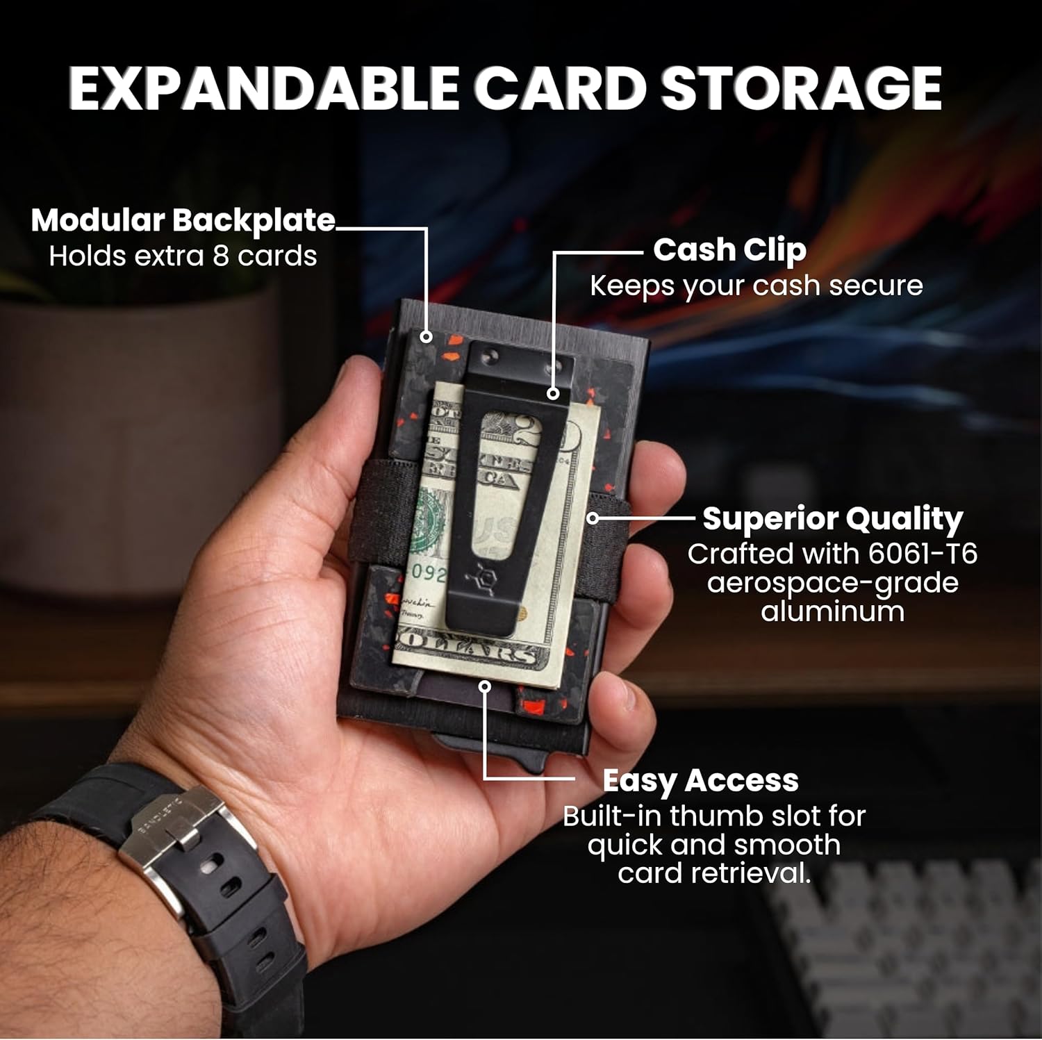 CODE 118 Modular Backplate Cash Clip - Slim Minimalist Money Clip for Men - RFID Blocking Aluminum Modular Add-On Expands Storage for Card & Cash, Wallet not Included (Red Anodized Forged Carbon)