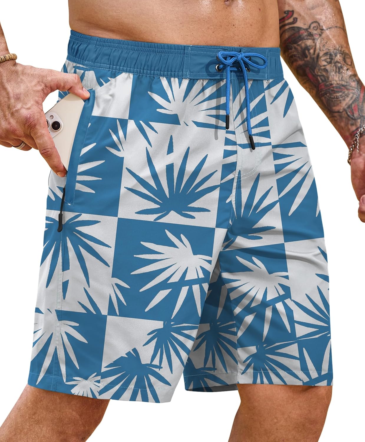 Men’s Swim Trunk 9" Inseam Quick Dry Board Short Hawaiian Beach Shorts with Zipper Pockets (S-XXL) Blue - Leaf Medium