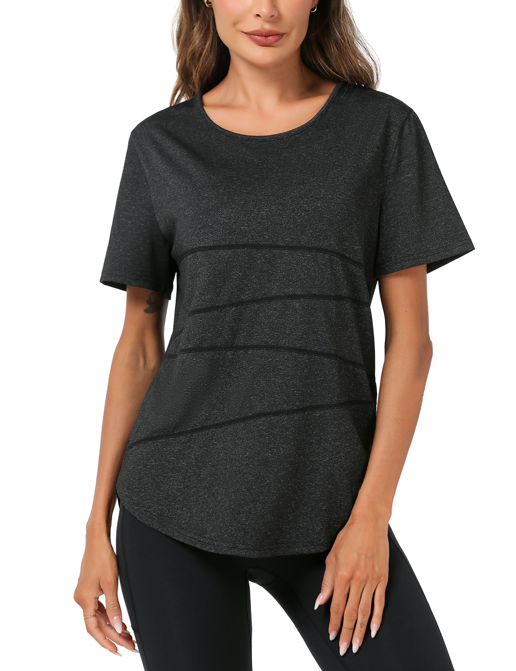 Terecey Sportshirt Damen Kurzarm Fitness T-Shirt Yoga Shirt Lang Damen Funktionsshirt Atmungsaktives Sport Tshirt Trainingsshirt Laufshirt für Wandern Trekking Gym