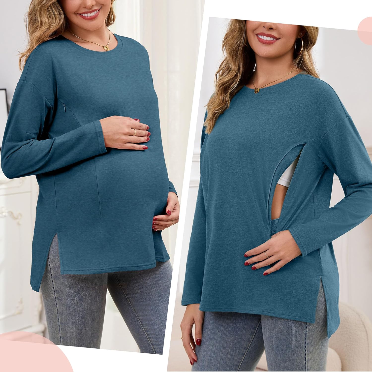 Women's Nursing Tops Long Sleeve Oversized 3 Pack Breastfeeding Shirts with Hidden Zipper Side Split Maternity Clothes - Image 2
