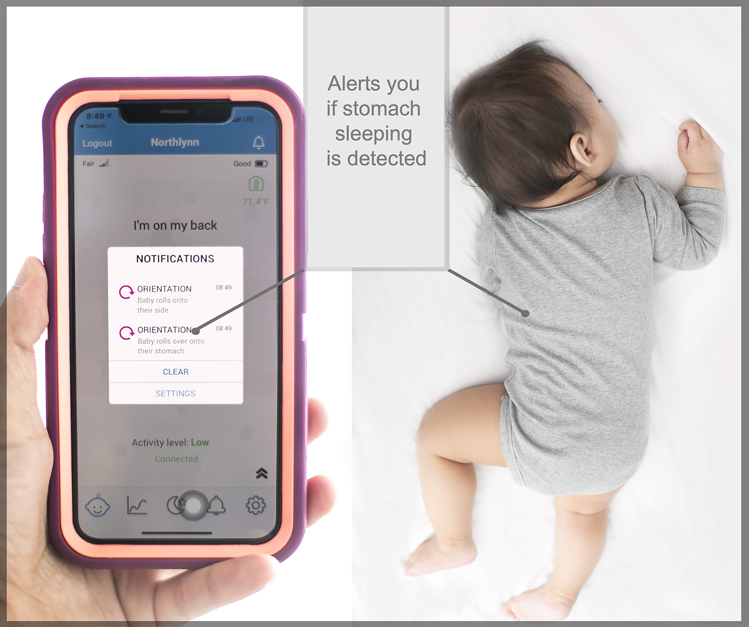 MonBaby Baby Breathing Monitor with Breathing, Rollover Movement and Temperature Sensors Track