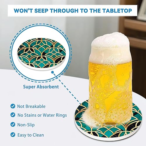 Miniatura 4 de Juego de 4 posavasos de mármol verde, redondos, absorbentes, de cerámica, con base de corcho, bonitos posavasos para decoración del hogar, regalos