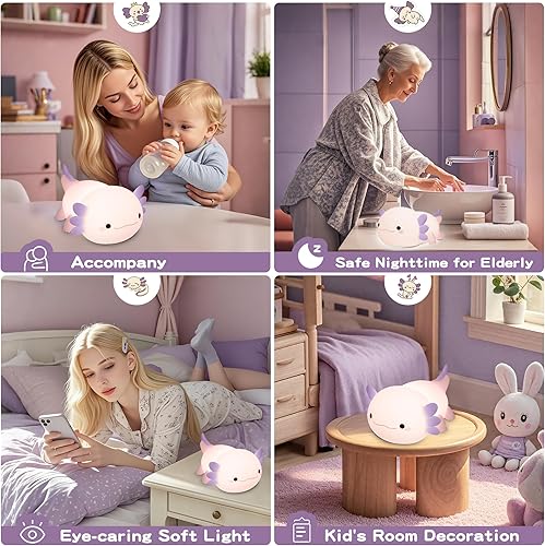 Miniatura 6 de Axolotl - Luz nocturna para niños, bonita lámpara de ajolote morado, luz nocturna LED blanda para guardería, lámpara táctil de cabecera de silicona