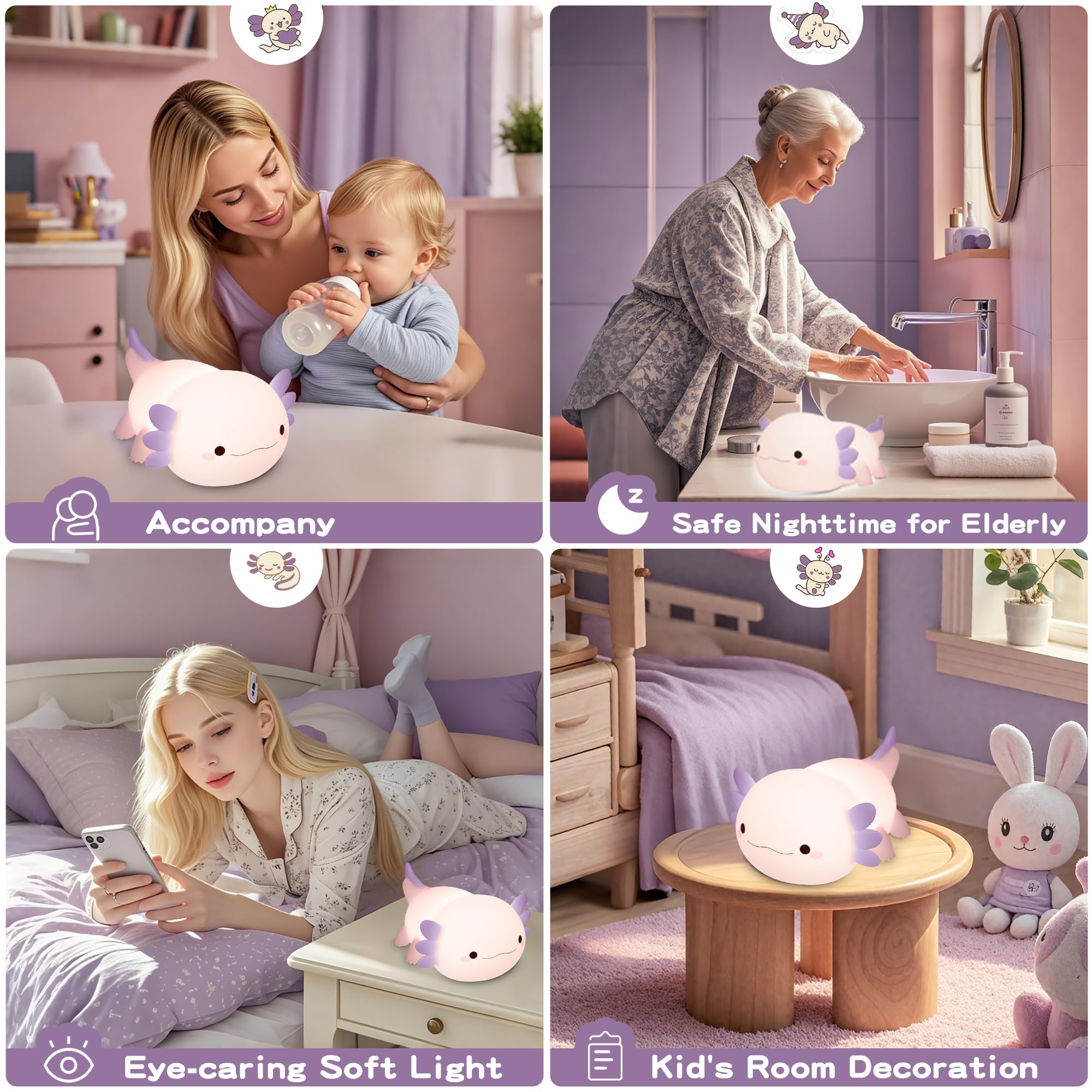 Luce notturna per cuccioli di axolotl, regali carini per bambini, decorazione per stanza kawaii ricaricabile, animale squishy con timer dimmerabile in silicone LED