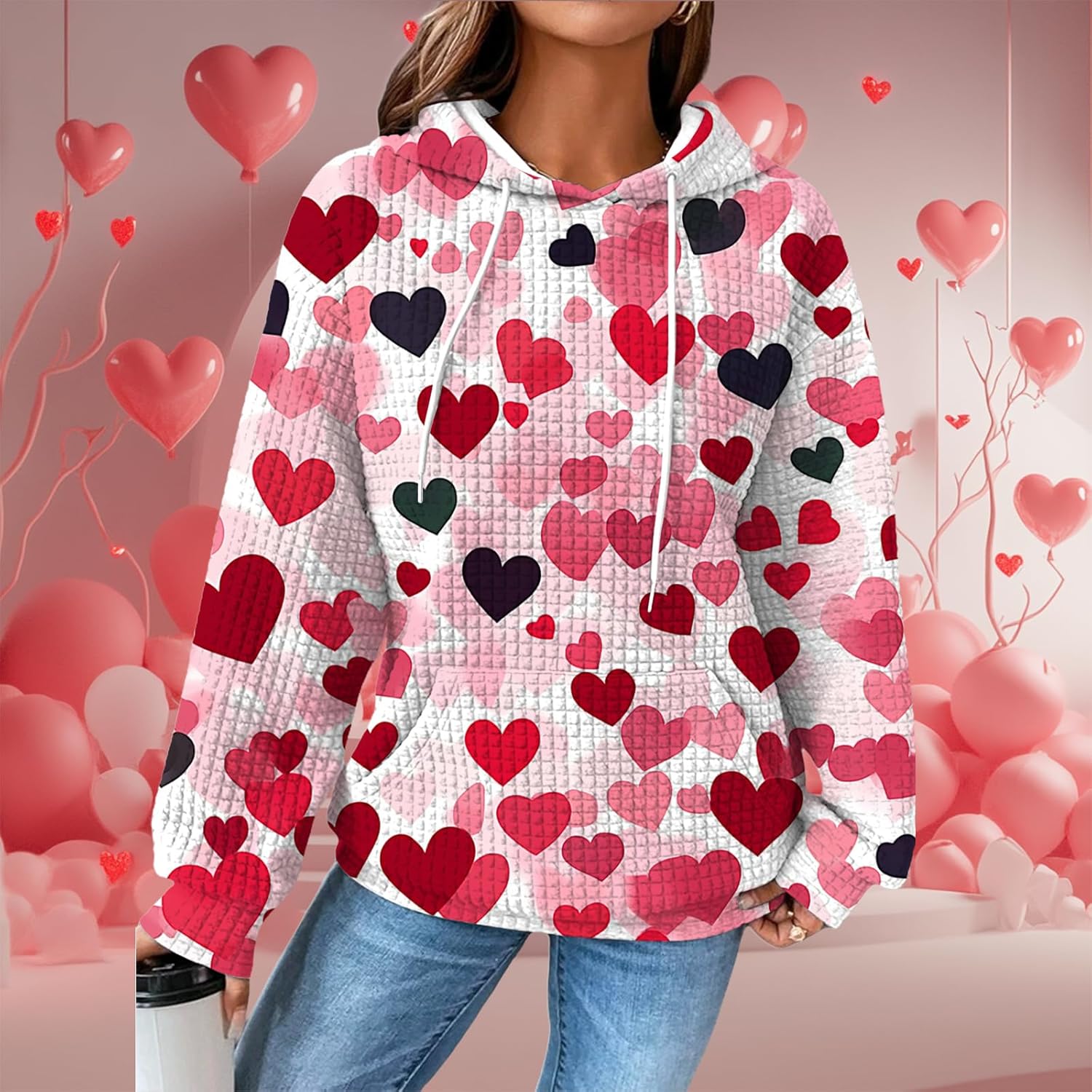 Valentines Hoodies For Women Heart Print Pullover Waffle Outdoor Oversized Fashion Hooded 2025 Fashion Sweatshirt - Image 2