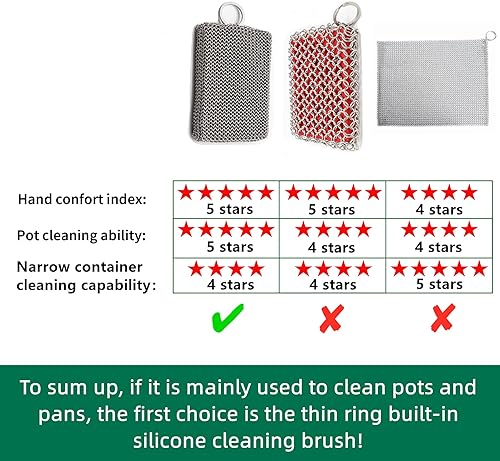 Miniatura 6 de Taspooke Limpiador de silicona integrado de acero inoxidable 316 con lazo extrafino, almohadillas de hierro fundido, limpiador de sartén, sartén y