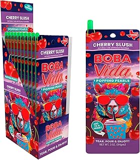 BobaVida Cherry Slush Popping Boba Pearls - 10 Boba Packets with Straws for Drinks, Desserts & Food Toppings - Non-GMO Pop...