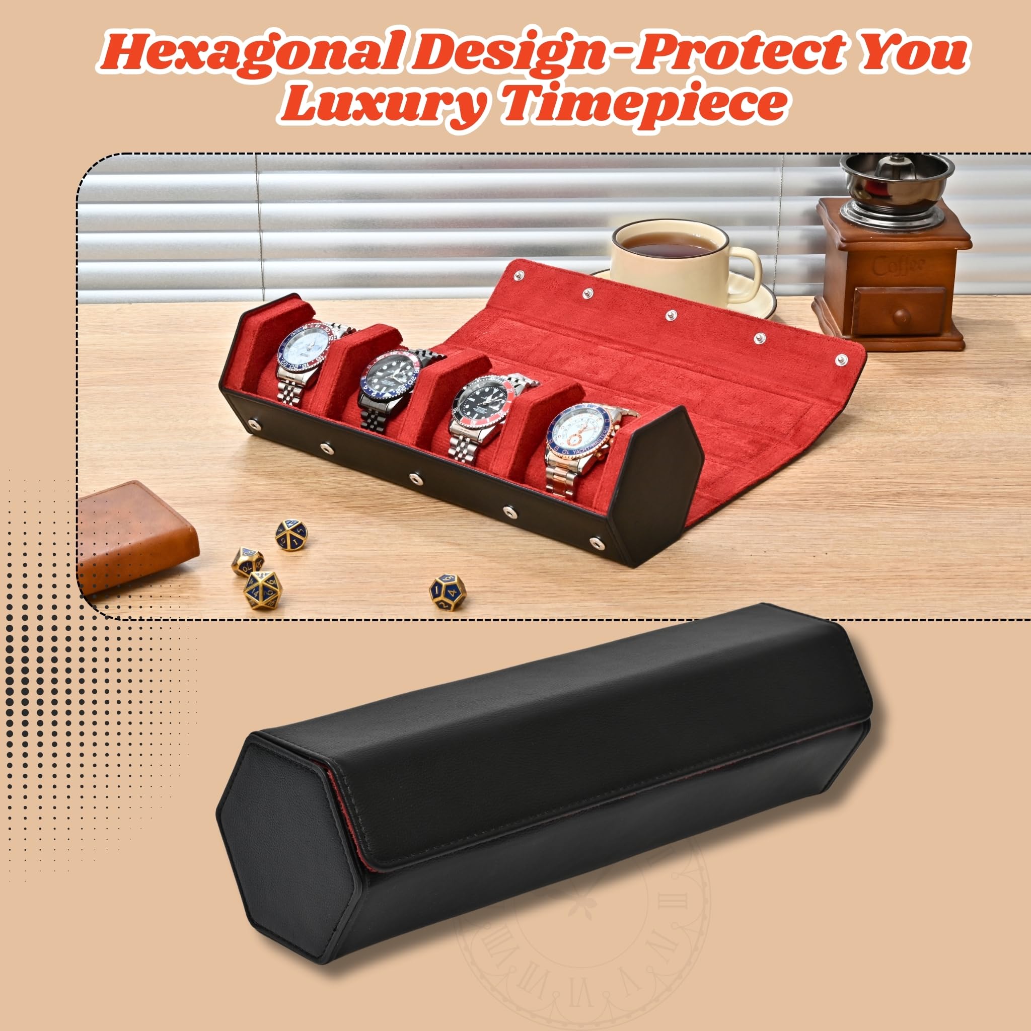 Rollo de reloj de cuero para 4 relojes, funda de viaje forrada de terciopelo, organizador de rollos de reloj de lujo con almacenamiento y exhibición para hombres (4 ranuras, negro/rojo)