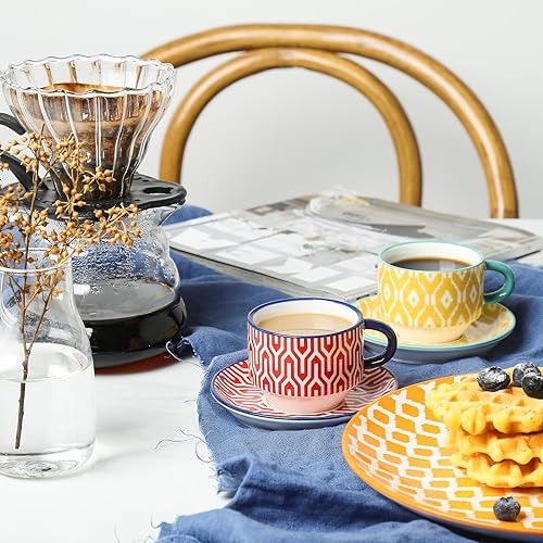 Miniatura 3 de Selamica Tazas de café expreso de cerámica con platillos, tazas apilables de capuchino de porcelana de 2.5 onzas con soporte de metal, tazas