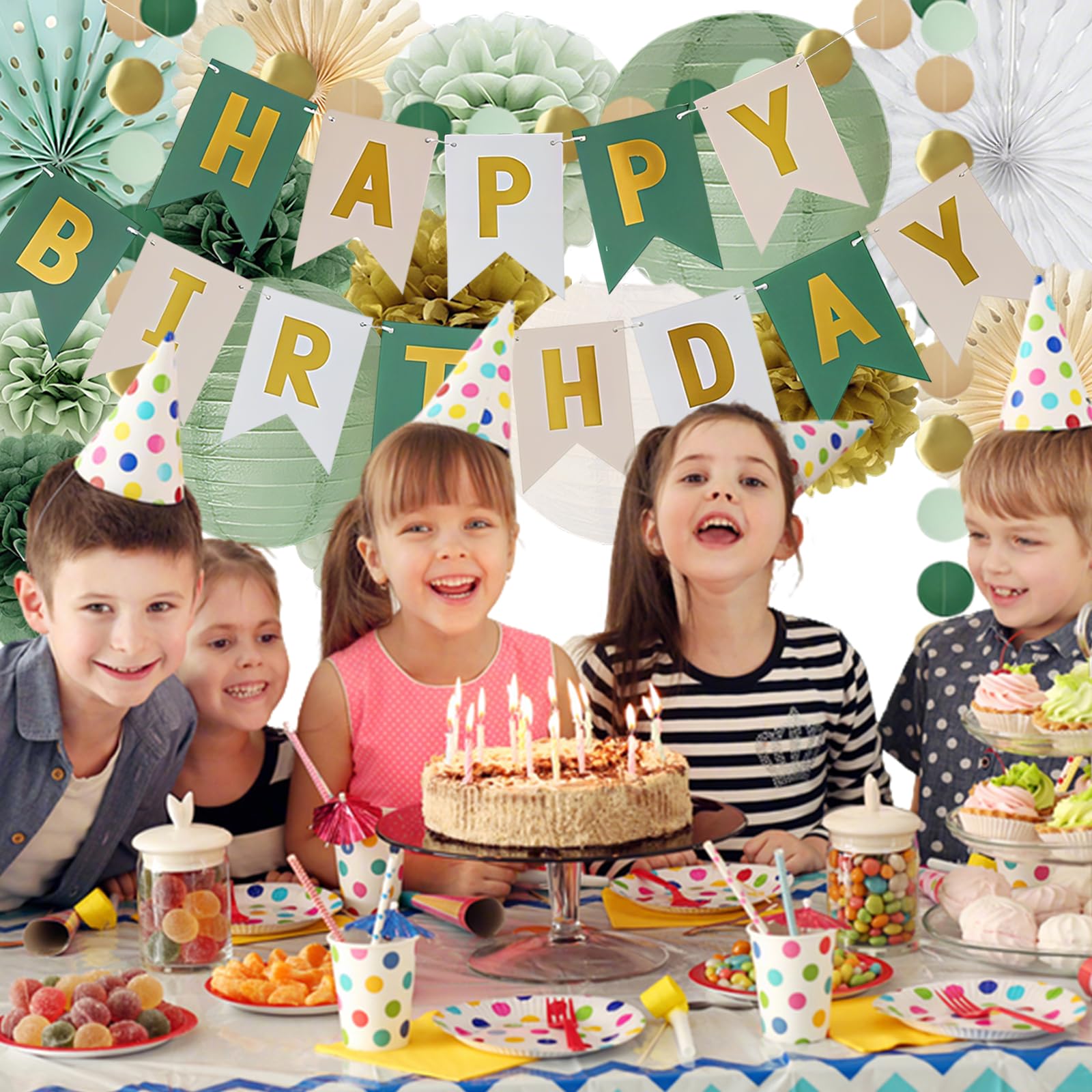 Verde salvia, decorazione di compleanno, decorazioni per feste di compleanno, verde salvia, verde salvia, verde salvia, carta velina, oro, pom poms, sacchetti di carta velina d'oliva, per decorazioni