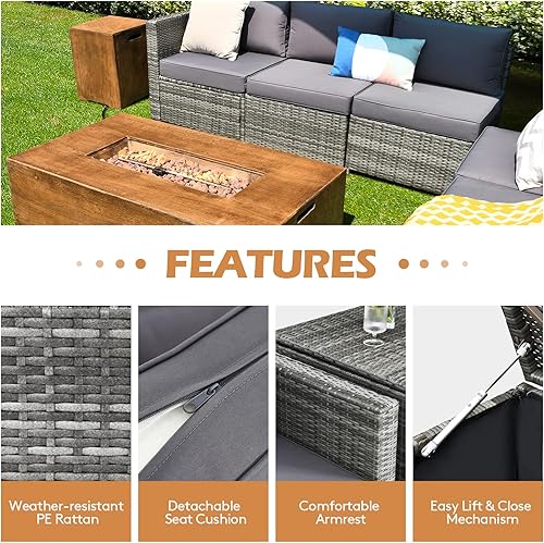 Miniatura 8 de Tangkula Patiojoy - Juego de 10 piezas de mimbre para patio con mesa de 48 pulgadas, juego de sofá seccional con hoguera rectangular de gas propano