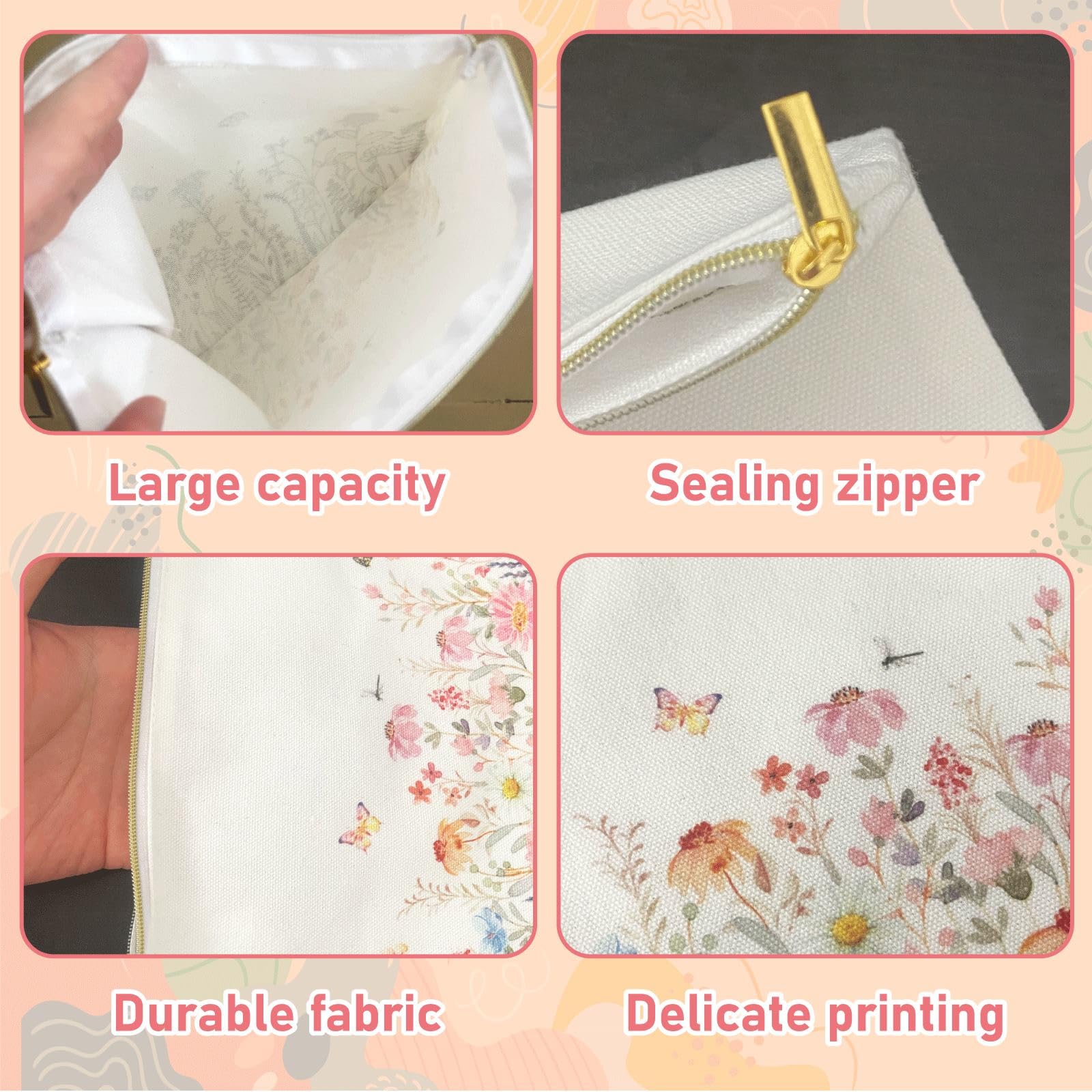 MOSITU 2 Pack Canvas Makeup Bags for Travel Floral Cosmetic Organizer Large Capacity Toiletry Pouch with Zipper for Women Toiletries Storage - Image 3