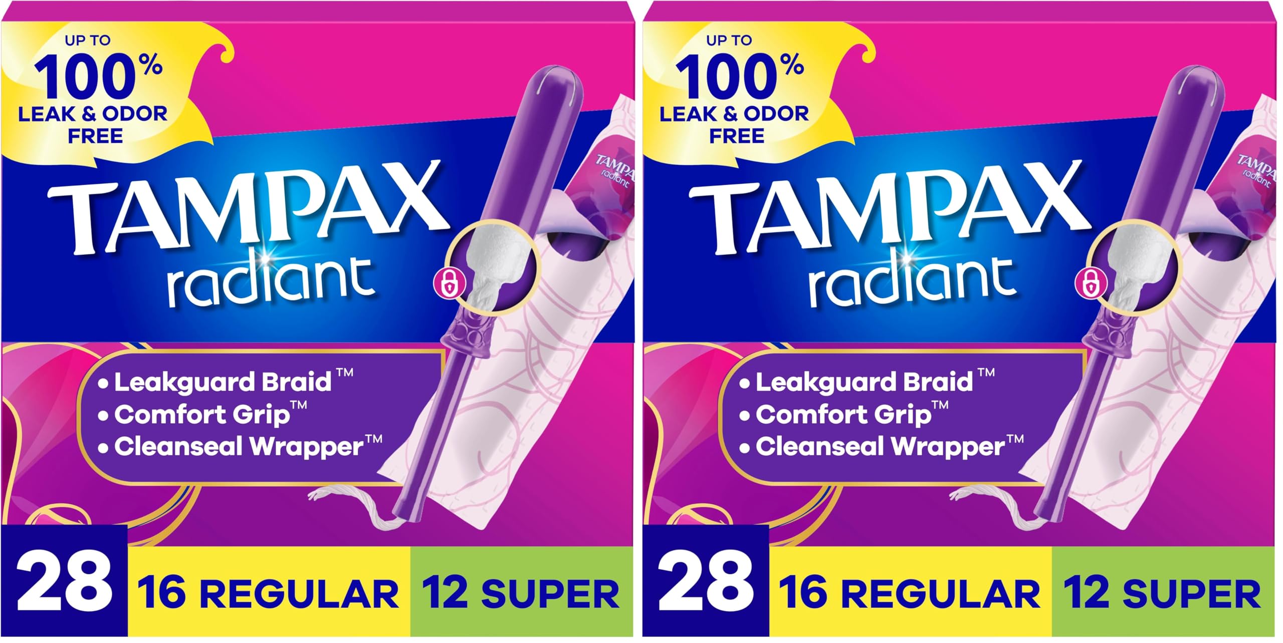 Tampax Radiant Tampons Multipack with Leakguard Braid, Regular/Super Absorbency, with Leakguard Braid, Unscented, 28 Count (Pack of 2)