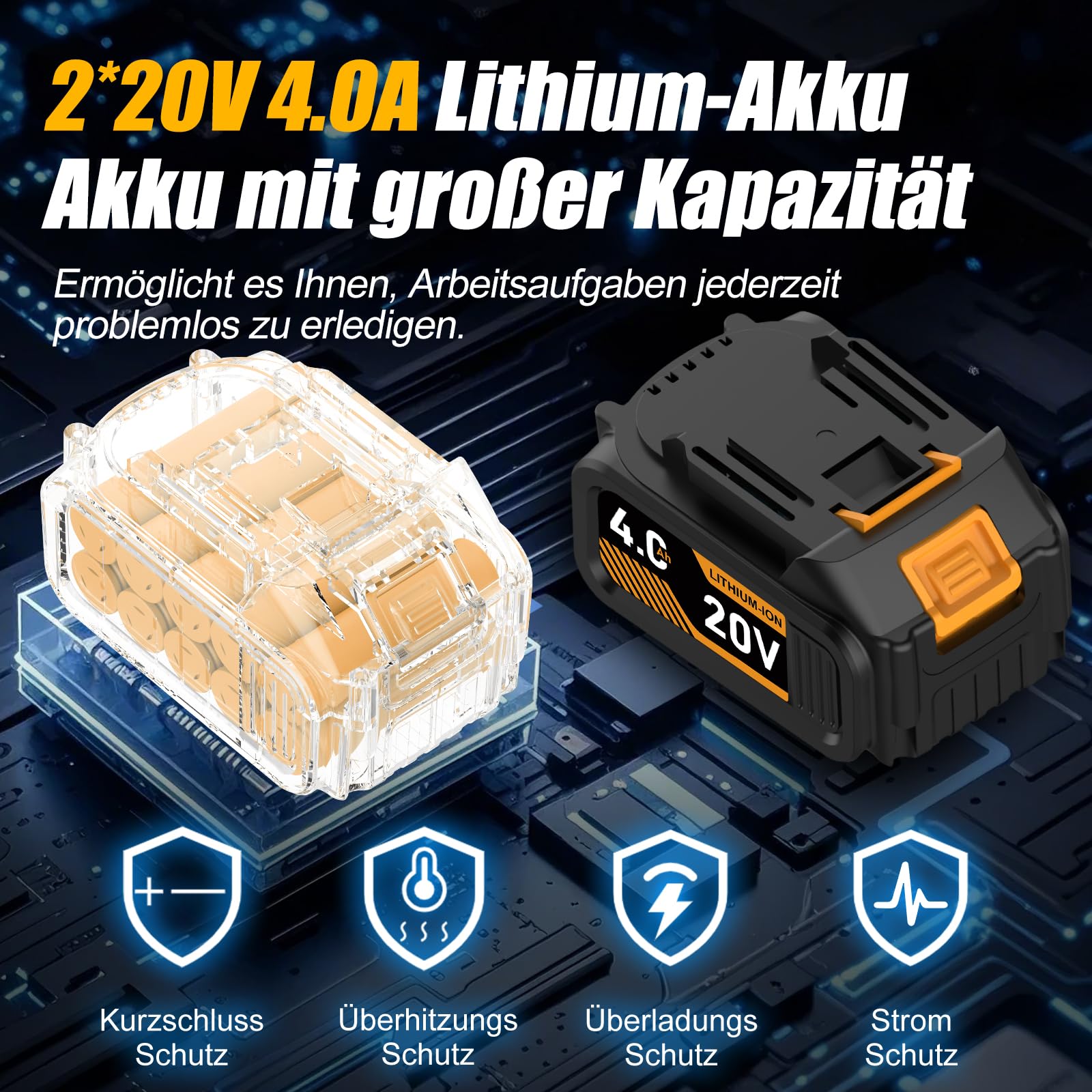 1/2" Schlagschrauber 750N.m Bürstenlos Hohes Drehmoment Elektro-Schlagschrauber with 2x4.0AH Batterie und Schnellladegerät für Auto-Reparatur,Reifenwechsel,Bauwerkzeug,DIY | 2x4.0Ah Akku und Ladegerät, Stecknüsse, Verlangerung und koffer Impact Wrench für