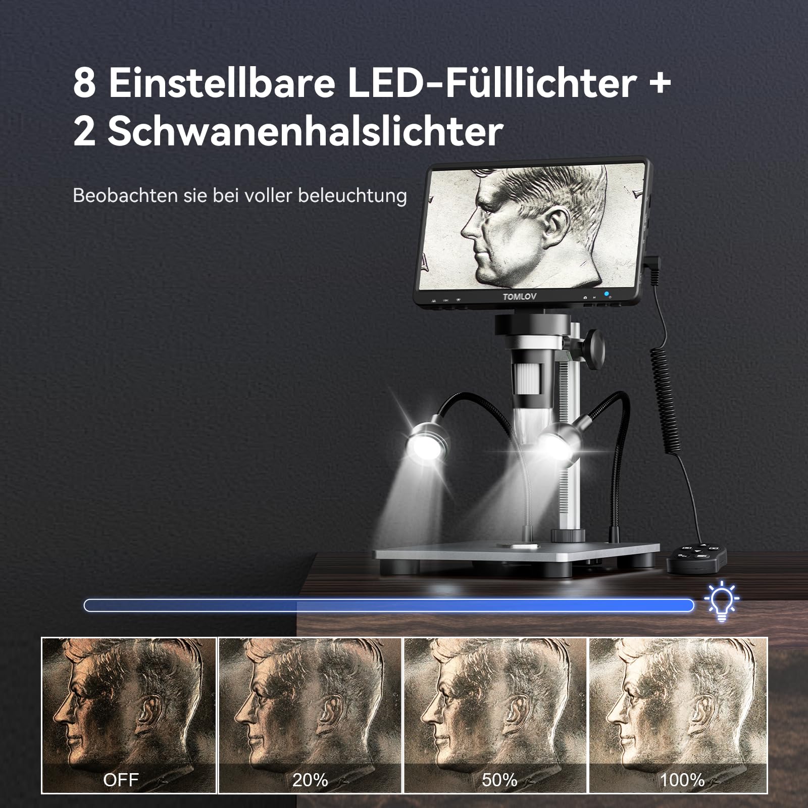 TOMLOV DM9 7" LCD Digital Mikroskop 1200X, 1080P USB Lötmikroskop, Handmikroskop mit einstellbarem Metallständer, 12MP Super präziser Fokus, LED-Volllicht, PC/Windows/Mac kompatibel, 32GB