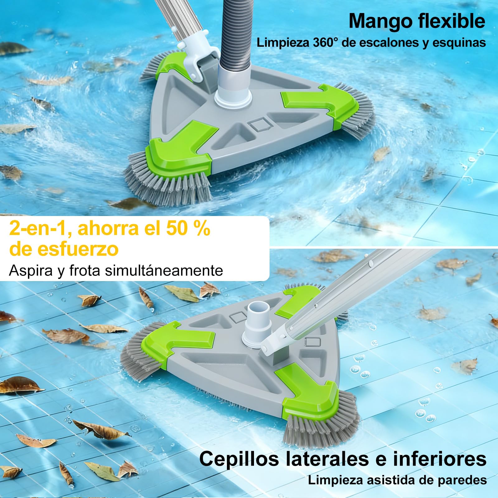 Cepillo Piscina con Conexión de Aspiración 35cm Triangular, Cepillo Aspirador Piscina con Cepillos Laterales, Cabezal Aspirador Piscina para Manguera 32/38mm, Limpiafondos Piscina para Piscinas