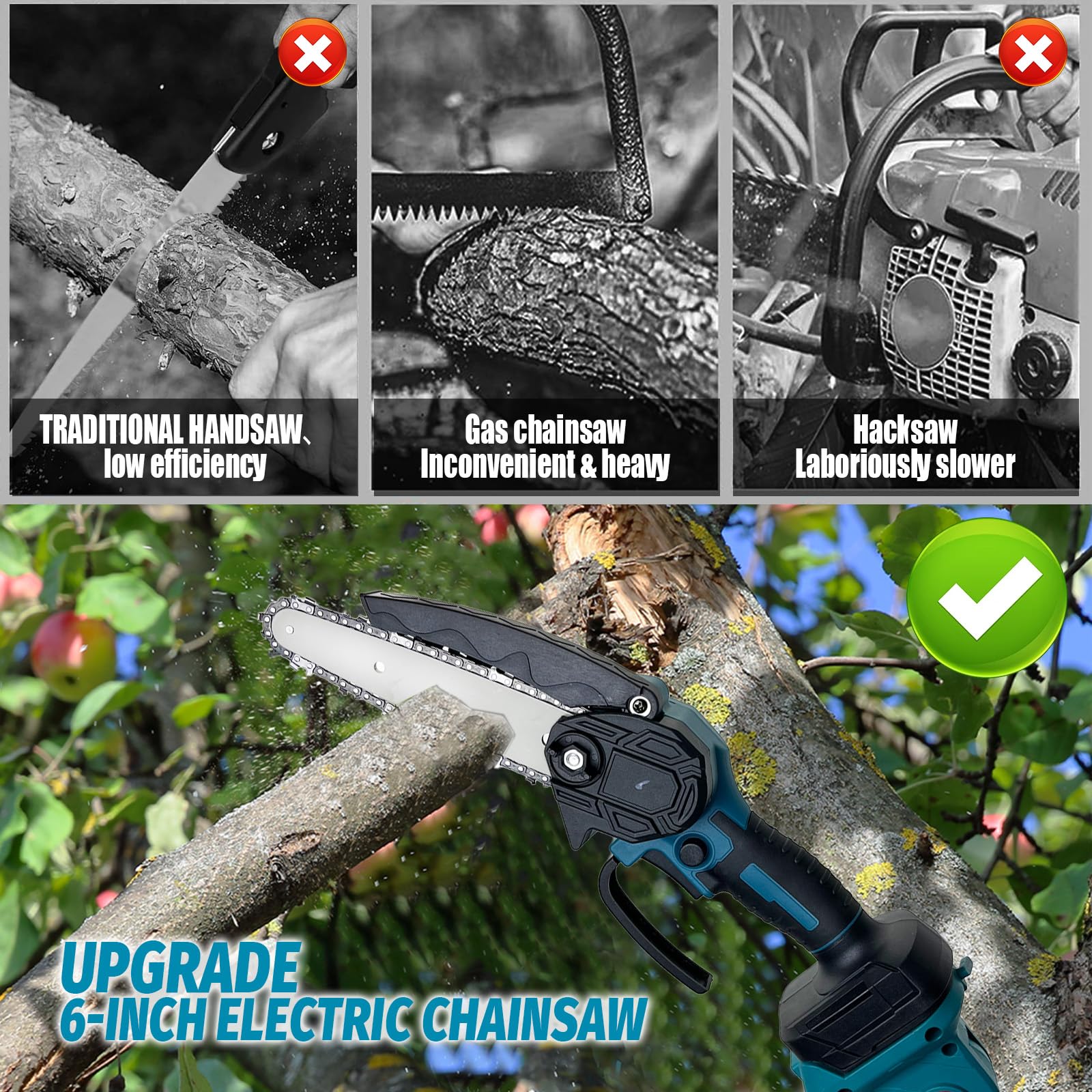 Akumulatorowa sekator 2 w 1, bezszczotkowa mini piła łańcuchowa, 15 cm, elektryczna piła do gałęzi, przycinanie gałęzi, urządzenie ogrodowe, z 2 bateriami 3000 mAh