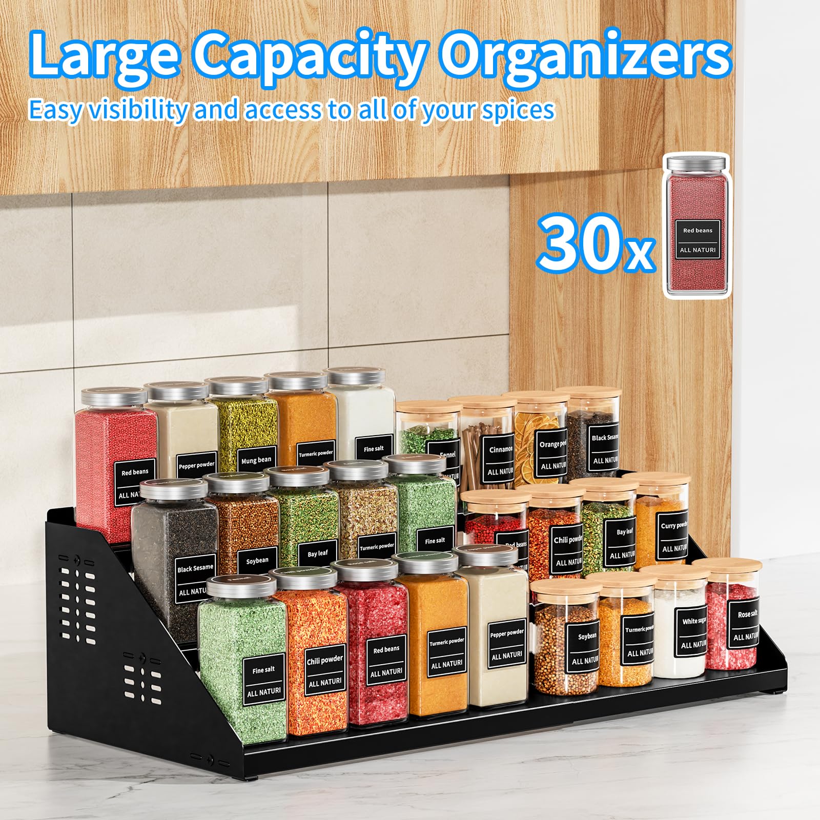 BOIVSHI Étagère à épices extensible en largeur (Noire) – Rack de cuisine sans perçage pour organisation d'armoire