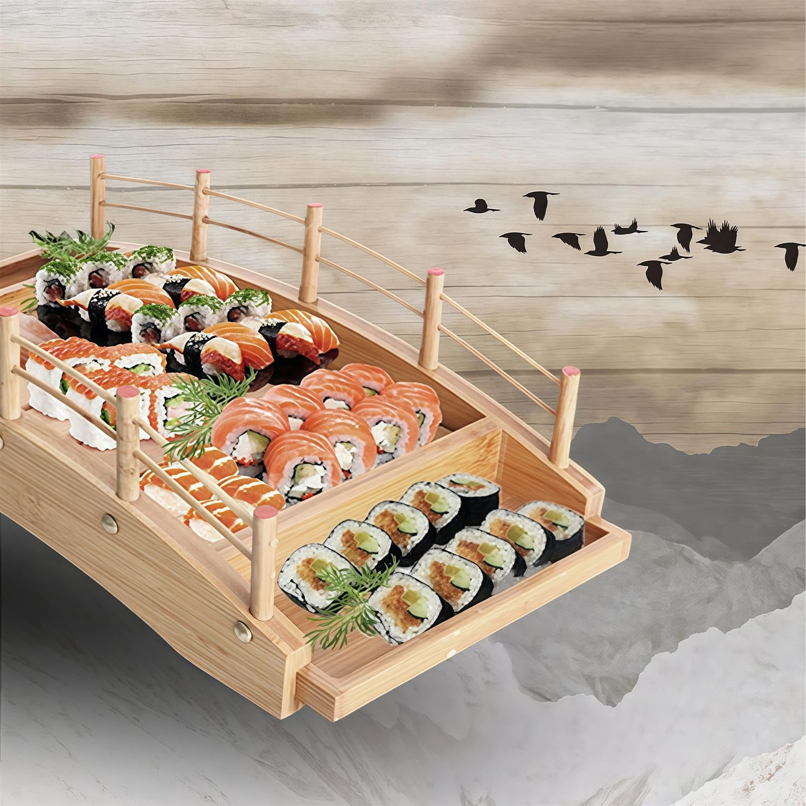 Bambusowa taca do serwowania sushi z łukowym mostkiem, japoński talerz na jedzenie do domu, kuchni, restauracji, na imprezę w formie bufetu