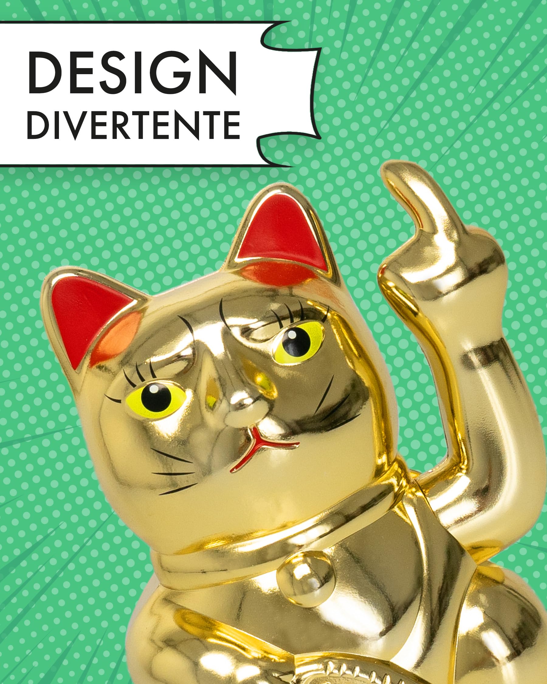 ANGRY CAT - Gatto fortuna Lucky Cat - Divertente gatto giapponese che saluta - Figura statuetta statua idea di regalo con braccio ondeggiante - oro, 15cm