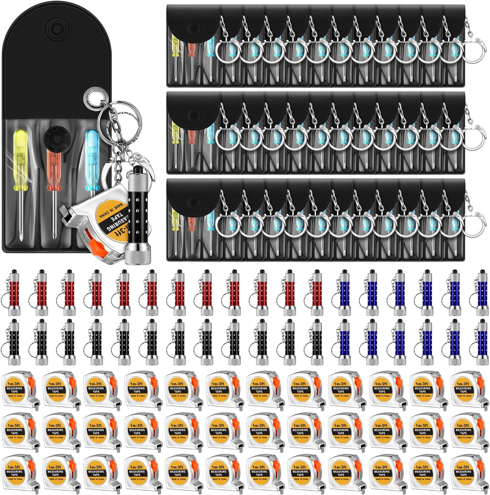 Jutom 108 Pcs Mini Tape Measure Keychains Mini Screwdriver Keychain LED Lights Keychain Set Retractable Tape Measure Tool Party Favors Mini Hand Tool Bulk Gifts for Men Adult (Red,Black,Blue)