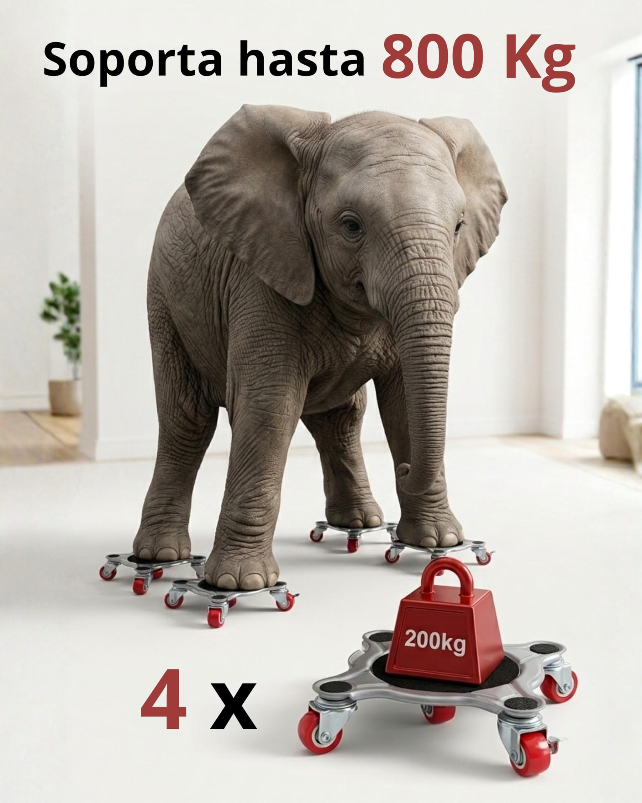 Kit para Mover Muebles Pesados | 4 Plataformas Acero Reforzado con 5 Ruedas 360° y 2 Frenos | Palanca Elevadora Extensible | hasta 800 kg | Protege Parquet y Suelo