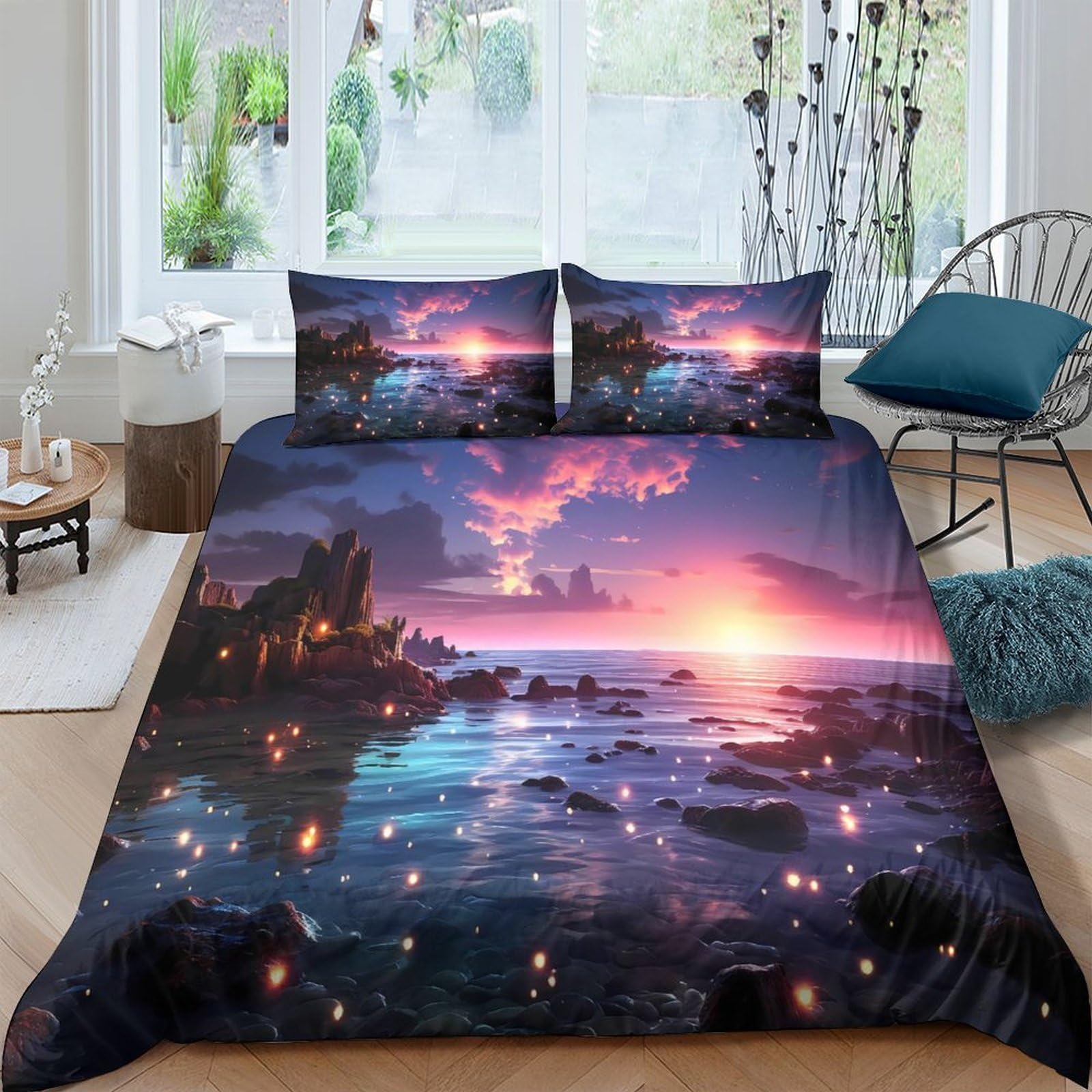Ctjqhvkz Style-4 3D Printed Sunset Ocean View Fitted Sheet Microfiber Soft Gradient Pink Blue Mattress Cover Bedroom Decor Single（135X200cm）