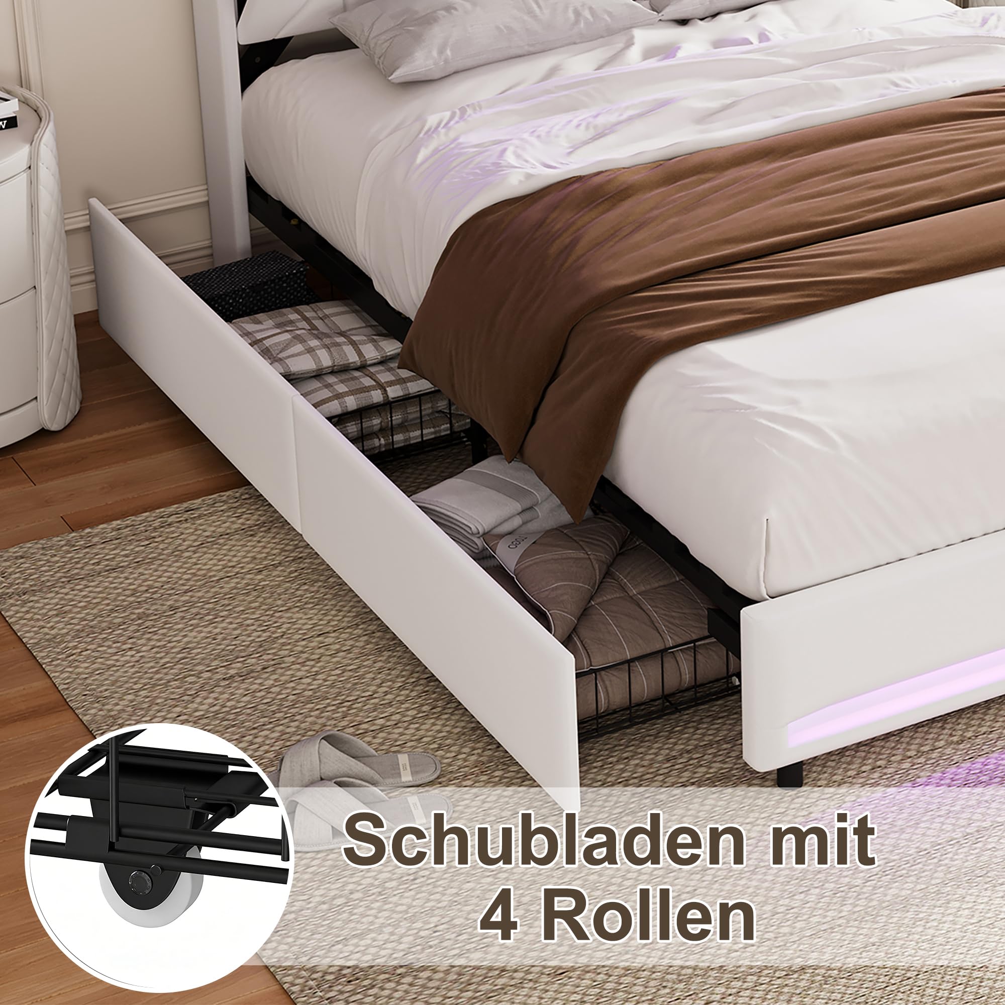 BRILVERDE Polsterbett 160x200 mit Stauraum Schublade, Doppelbett mit LED und USB, Jugendbett mit Kopfteil, Bettgestell mit Lattenrost, Stauraumbett, Samt (Beige, 160 x 200 cm)