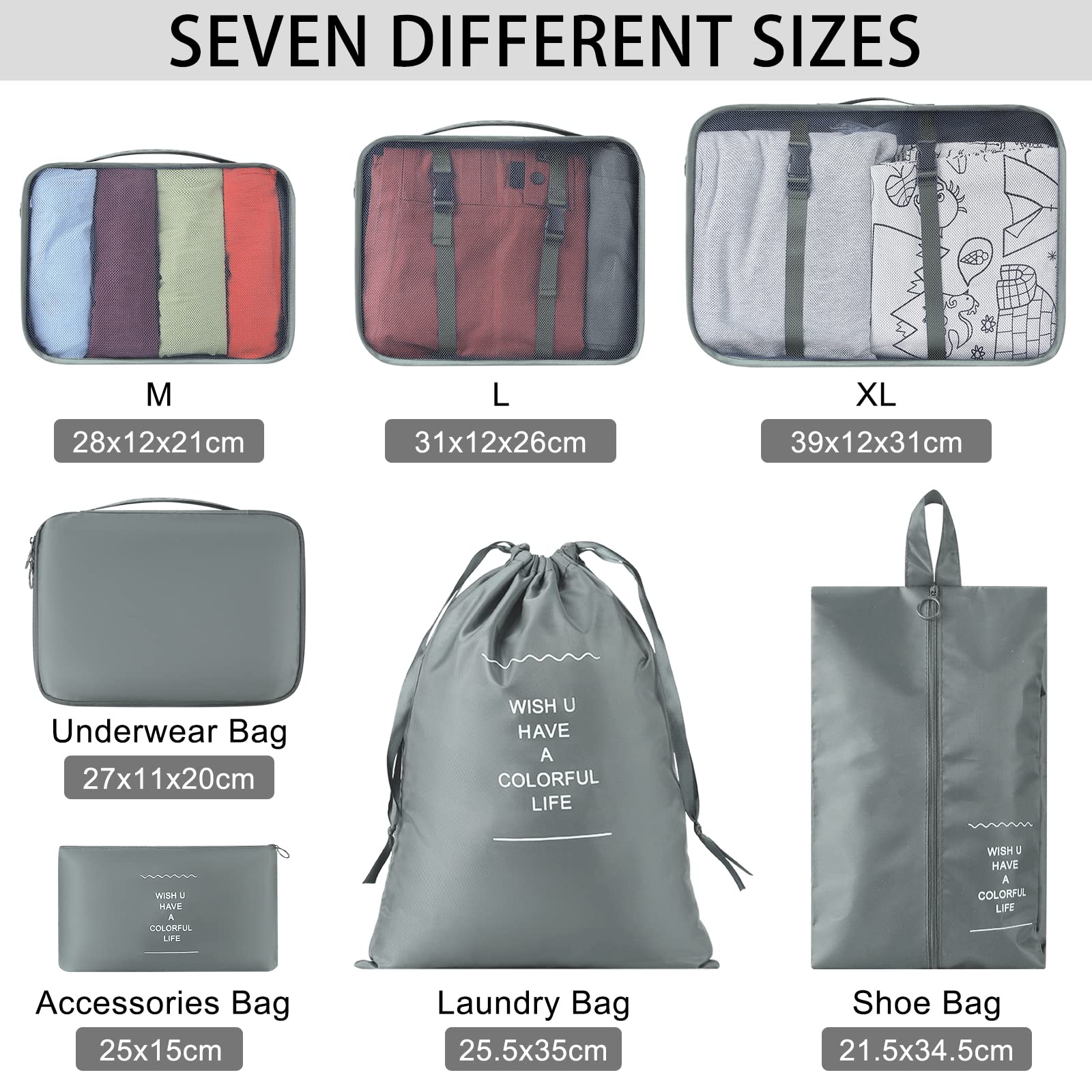 KTMOUW 7PCS Organizer Valigie Organizzatore Valigia Cubi di Imballaggio Organizer Cubi Viaggio Borse Luggage Packing Organizer Nylon Set Grigio