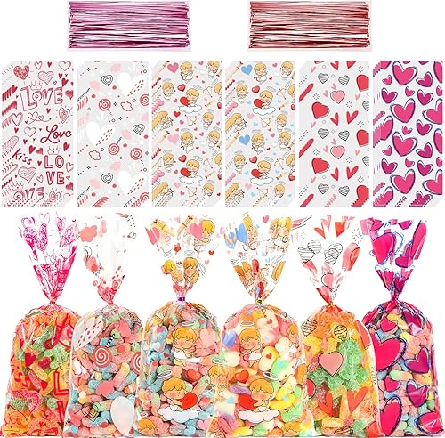 SPERPAND 120 bolsas de regalo de celofán de San Valentín, bolsas de plástico para dulces con lazos giratorios para San Valentín, cumpleaños,