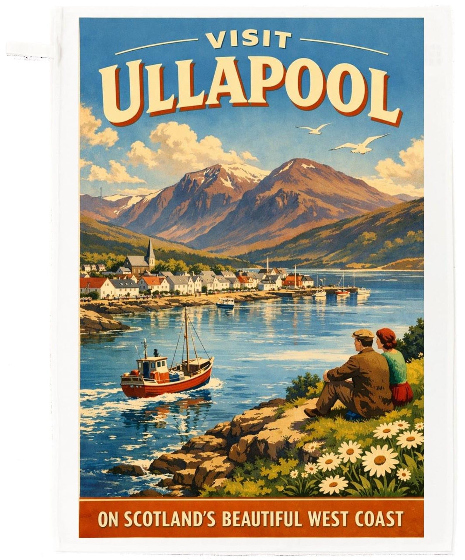 Half a Donkey Visit Ullapool Vintage Travel Poster Tea Towel – Scotland’s West Coast