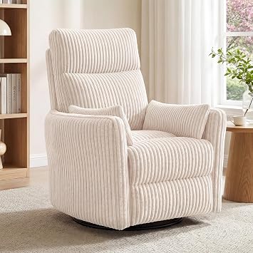LINSY 220 Swivel Electric Power Recliner Chair, Corduroy Nursing Rocker with USB & Type-C, High Back Adult Comfort Chair with 2 Pillows, Space-Saving for Nursery, Bedroom, Living Room, Beige