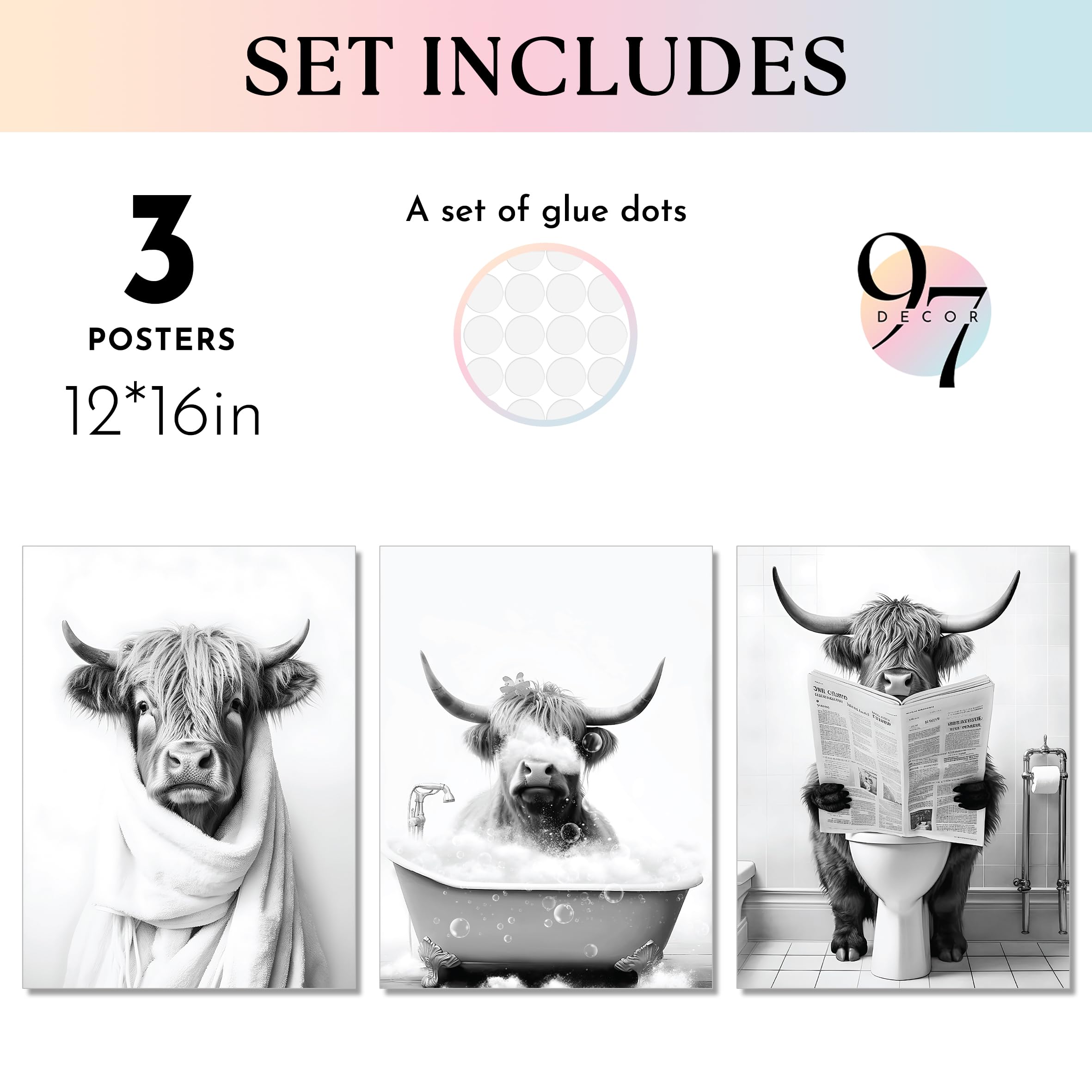 97 Decor Highland Cow Wall Art - 12x16 Bathroom Decor, Funny Cow in Bathtub Poster, Animal Artwork for Bedroom (UNFRAMED) - Image 2