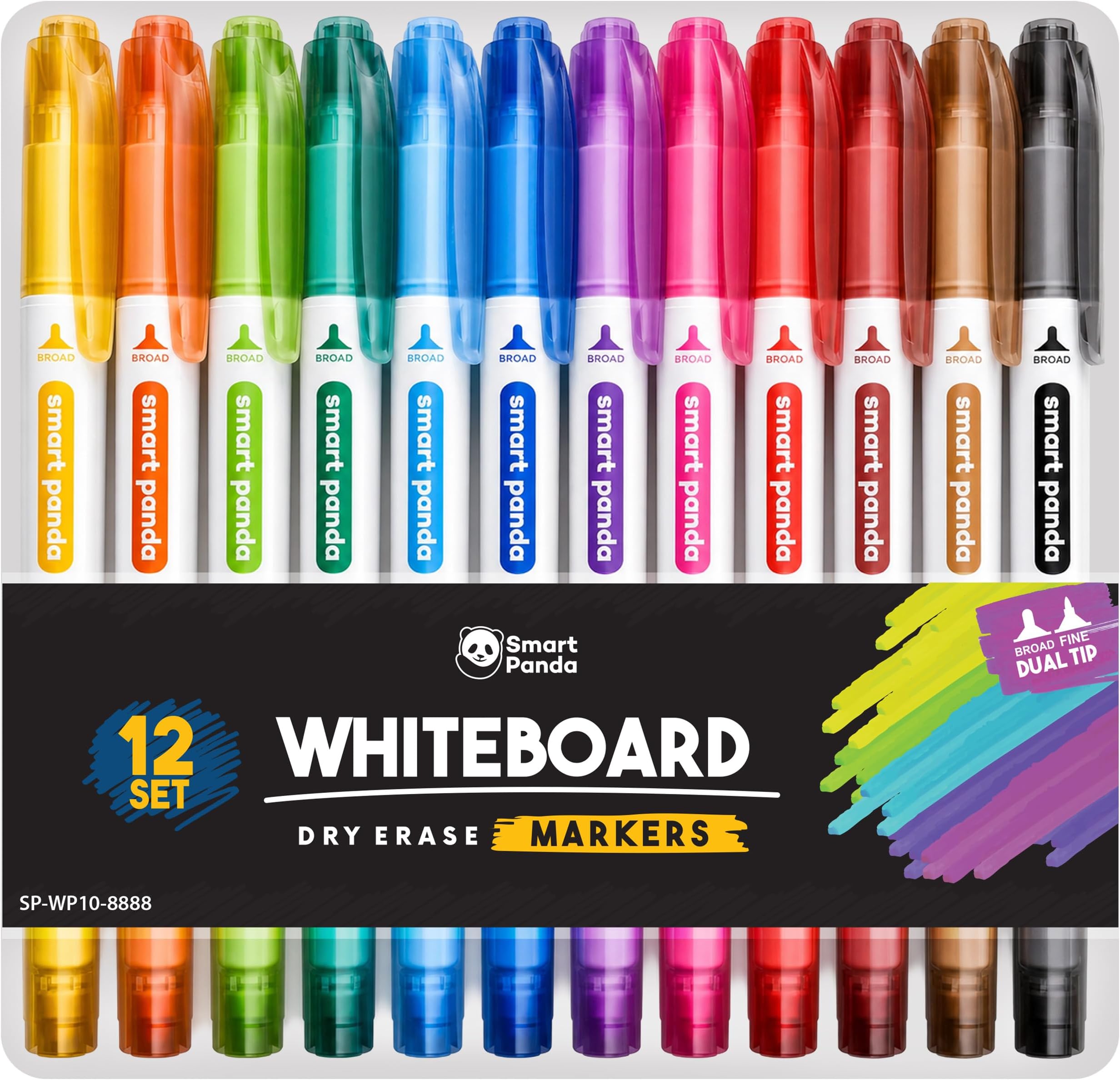 Smart Panda 12 Whiteboard Pens Dual Tip, Thin White Board Markers Erasable, Broad and Fine – Dry Erase Marker Pens, Colour Dry Wipe Markers – 12 Set